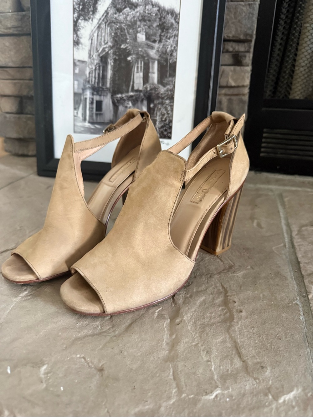 Antonio Melani Tan Nubuck Peep Toe Ankle Strap Block Heels 8.5